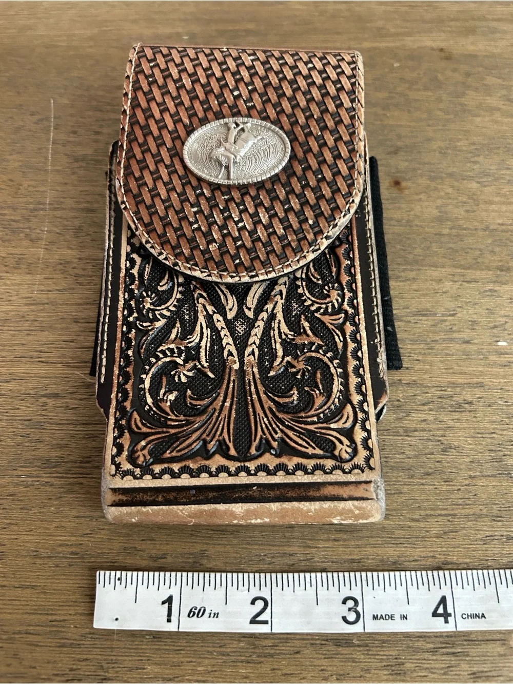 Texas Western Handcrafted Basketweave Tooled Leather Phone Holster Brown & Black